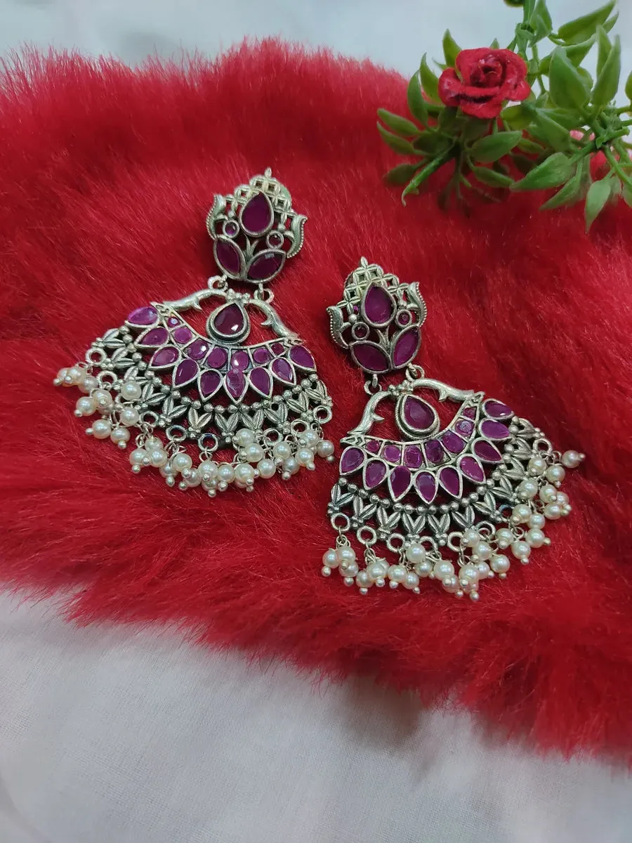 Ethnic Ruby With Mogra Drop German Silver Earrings