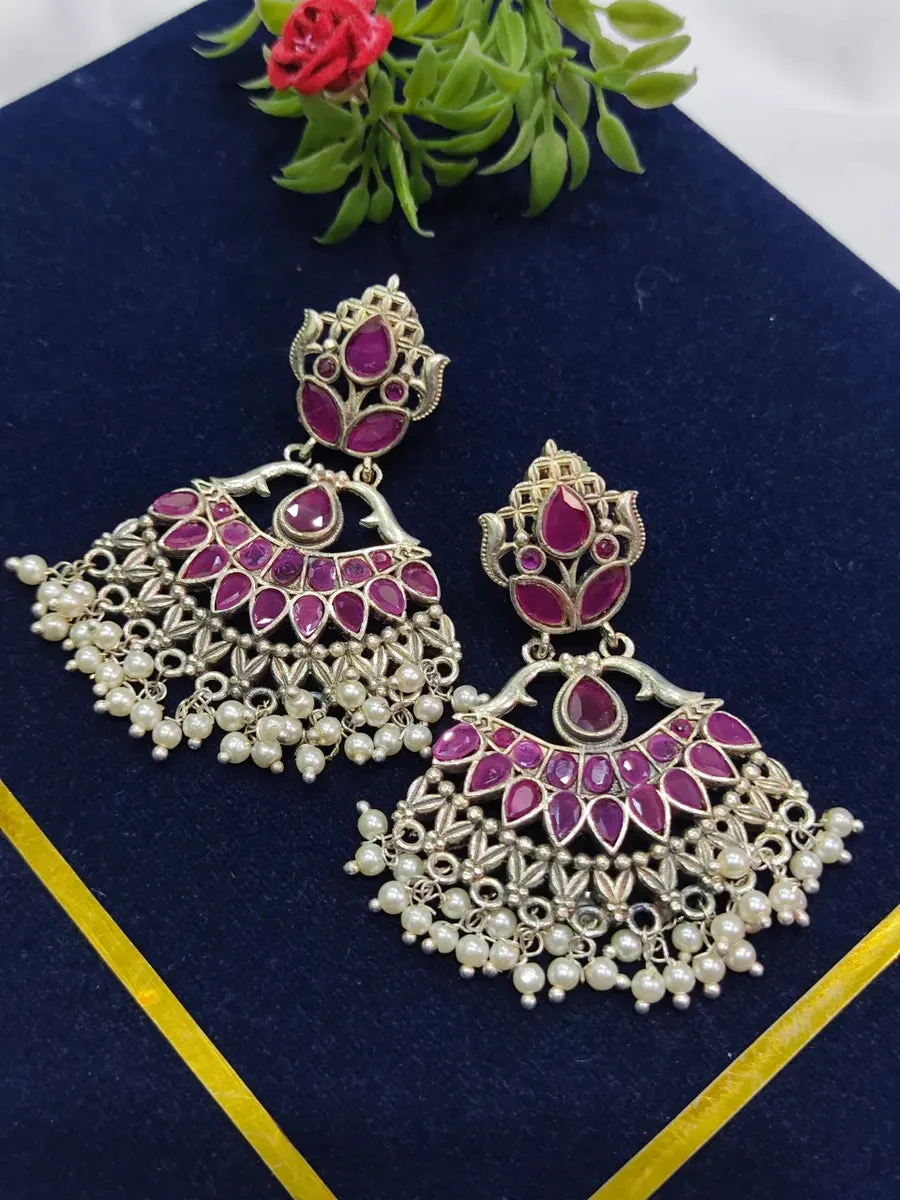 Ethnic Ruby With Mogra Drop German Silver Earrings