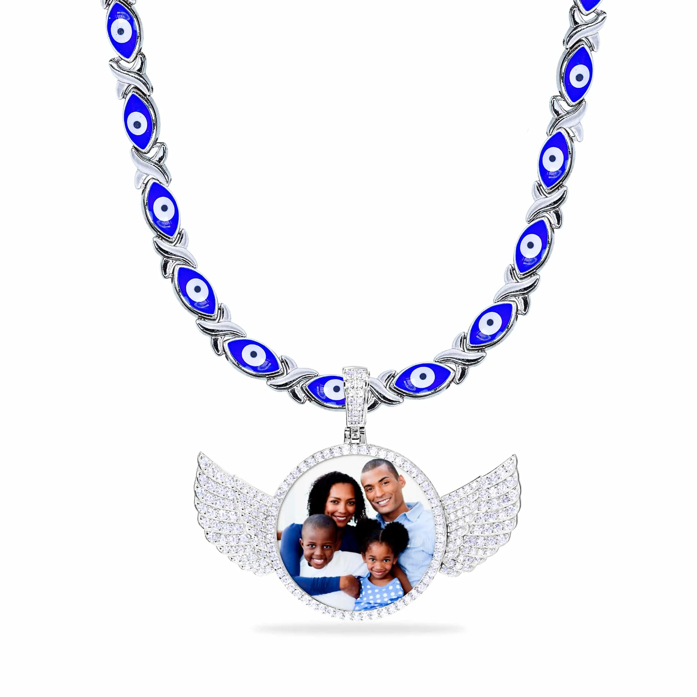 Evil Eye Xo Chain Iced Out Round Photo Pendant with Wings