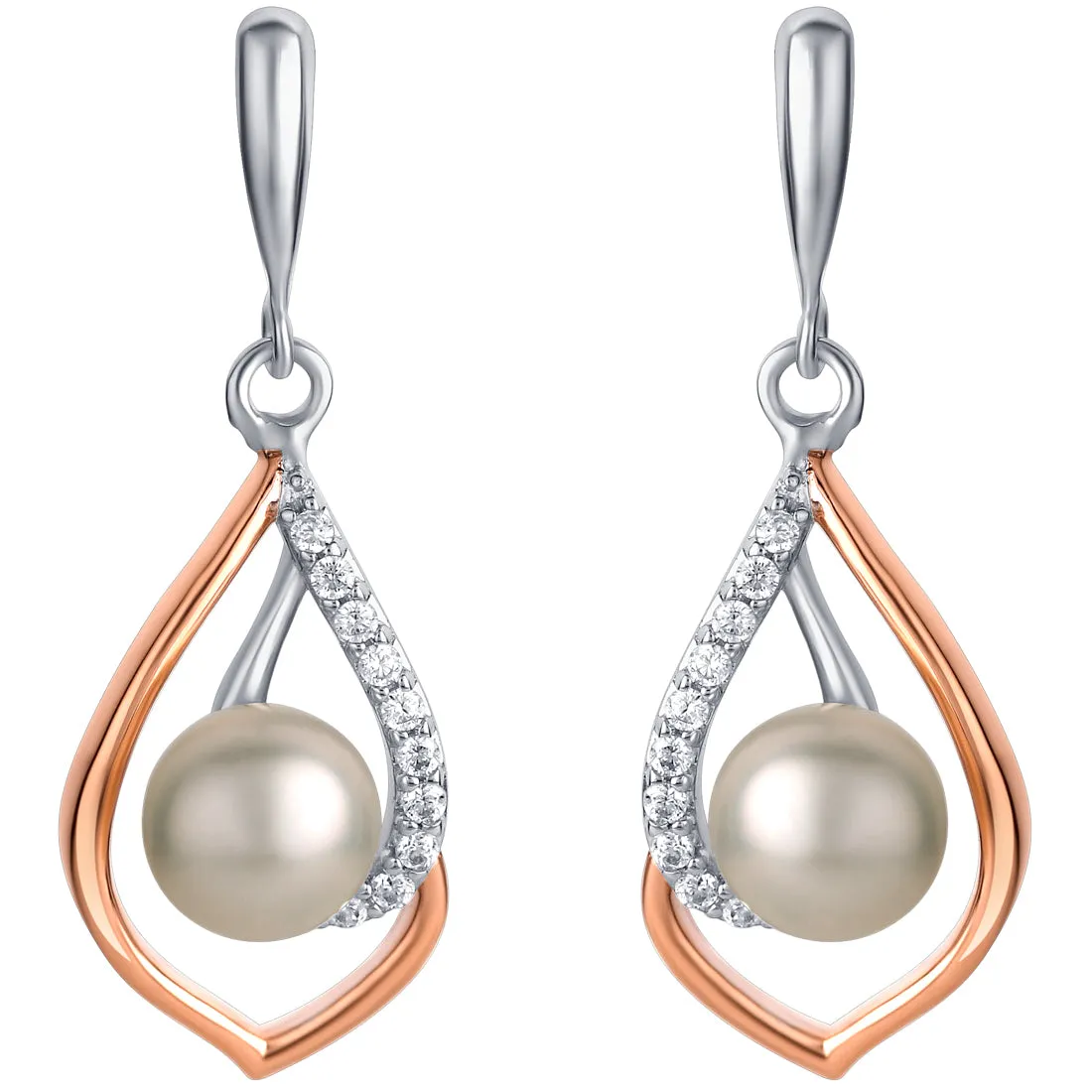 Freshwater Cultured Pearl Teardrop Two-Tone Sterling Silver Dangle Earrings