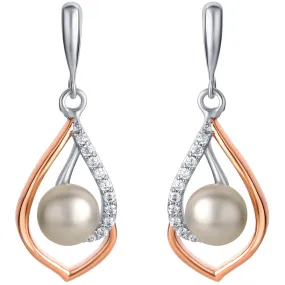 Freshwater Cultured Pearl Teardrop Two-Tone Sterling Silver Dangle Earrings