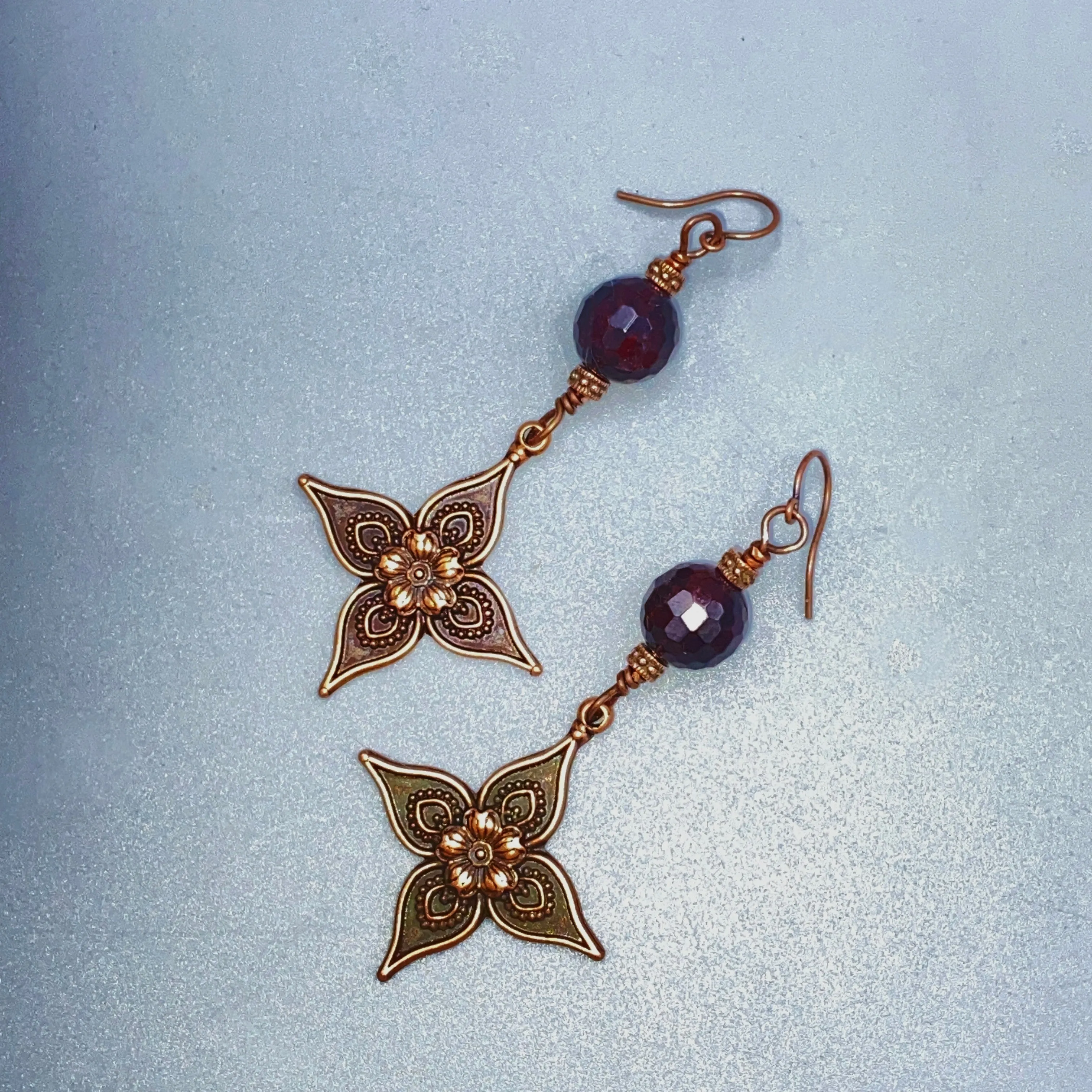 Garnet and Copper Lily Dangle Earrings