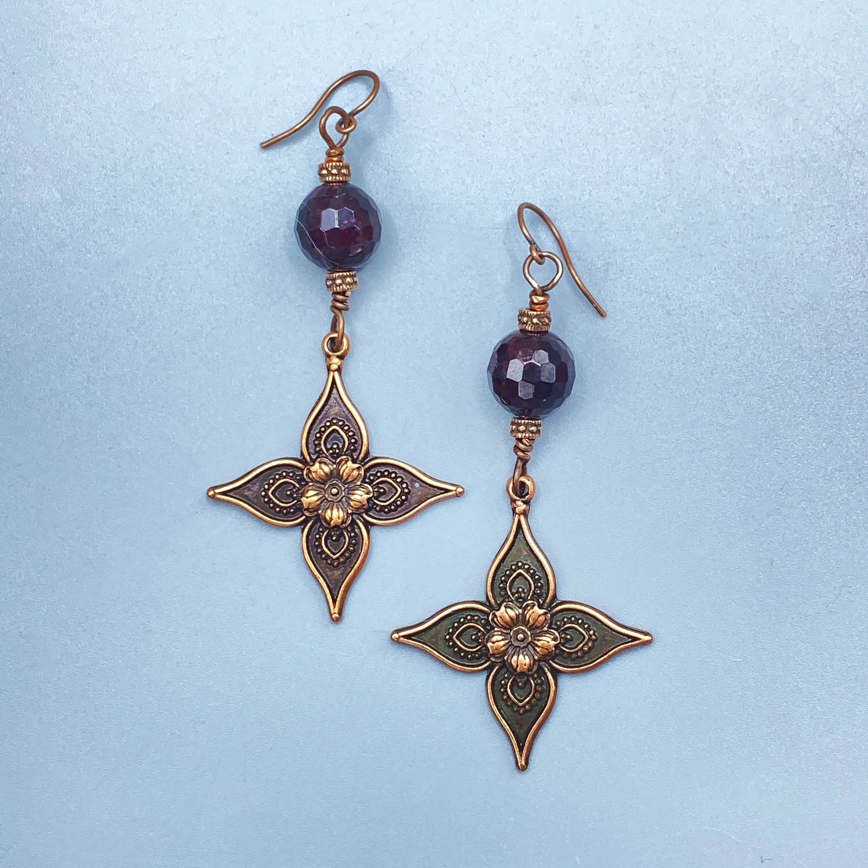 Garnet and Copper Lily Dangle Earrings