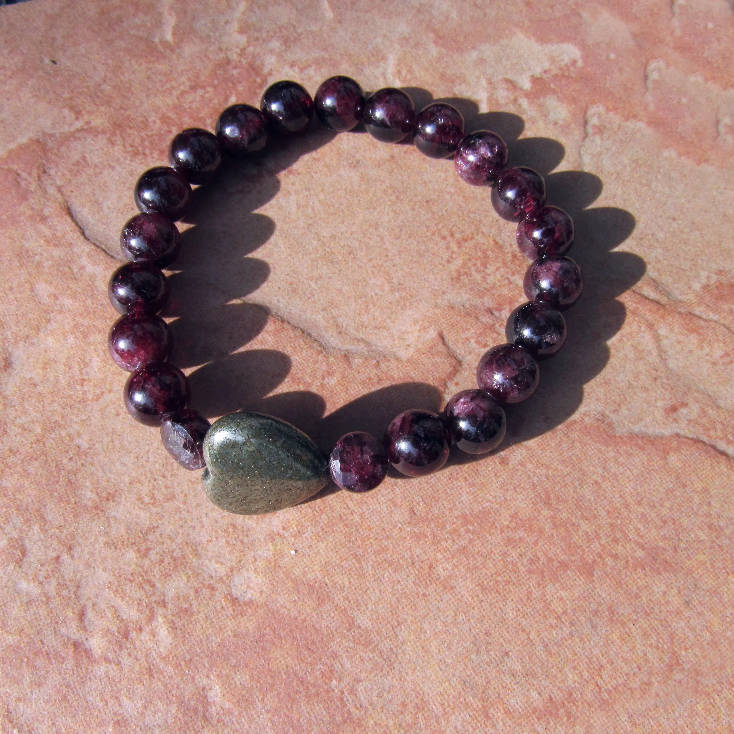 Garnet and Pyrite Heart Chunky Stretch Bracelet