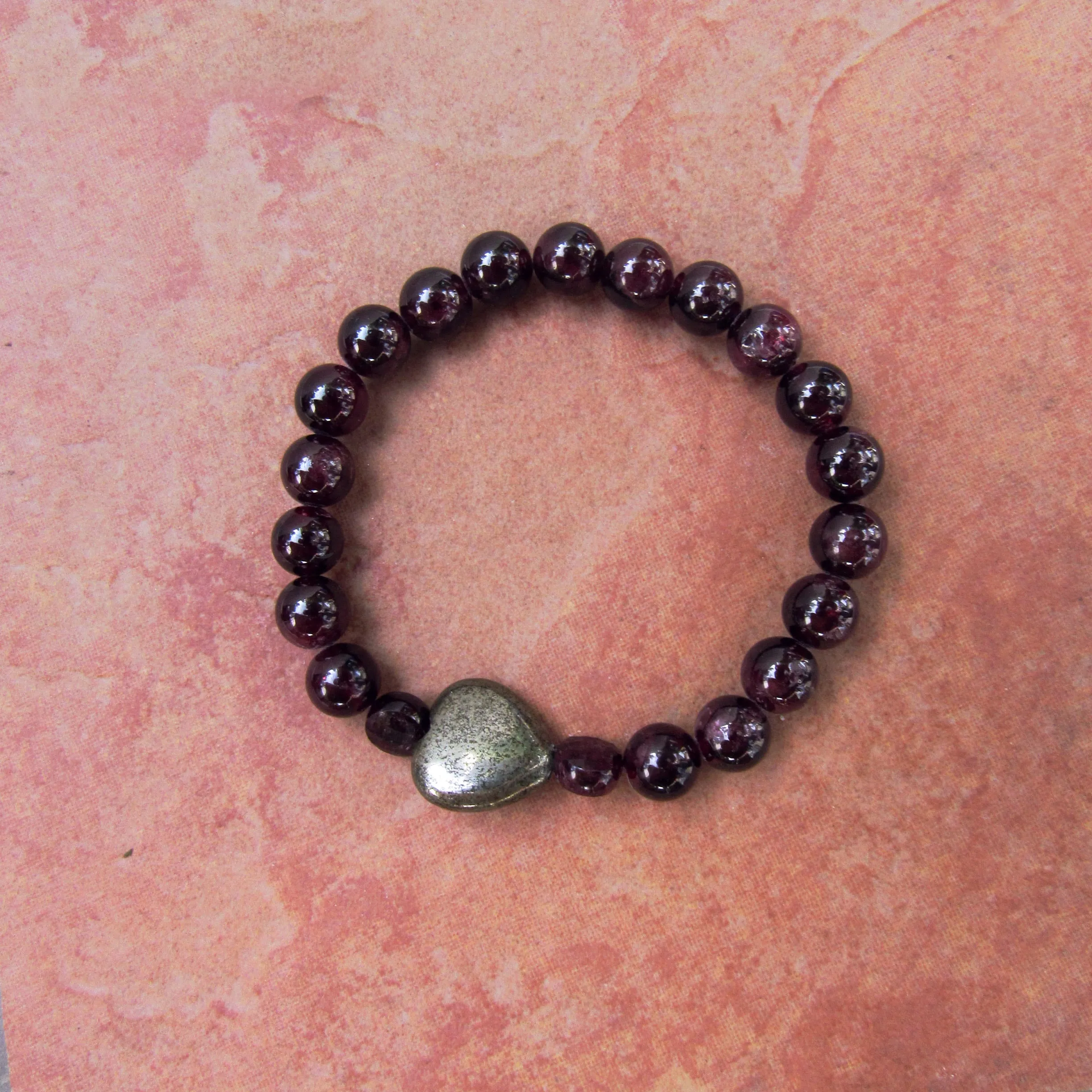 Garnet and Pyrite Heart Chunky Stretch Bracelet