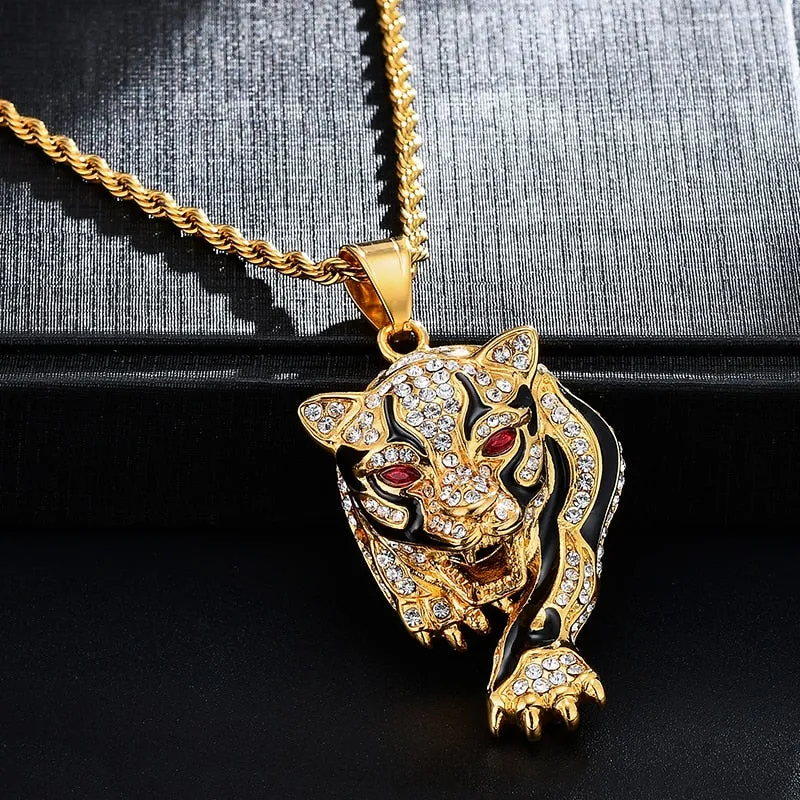 Gemstone-Studded Tiger Bling Rope Chain Stainless Steel Hip-hop Pendant Necklace