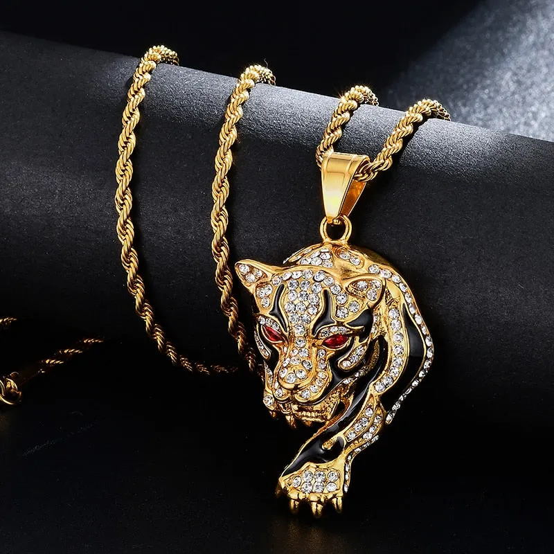 Gemstone-Studded Tiger Bling Rope Chain Stainless Steel Hip-hop Pendant Necklace