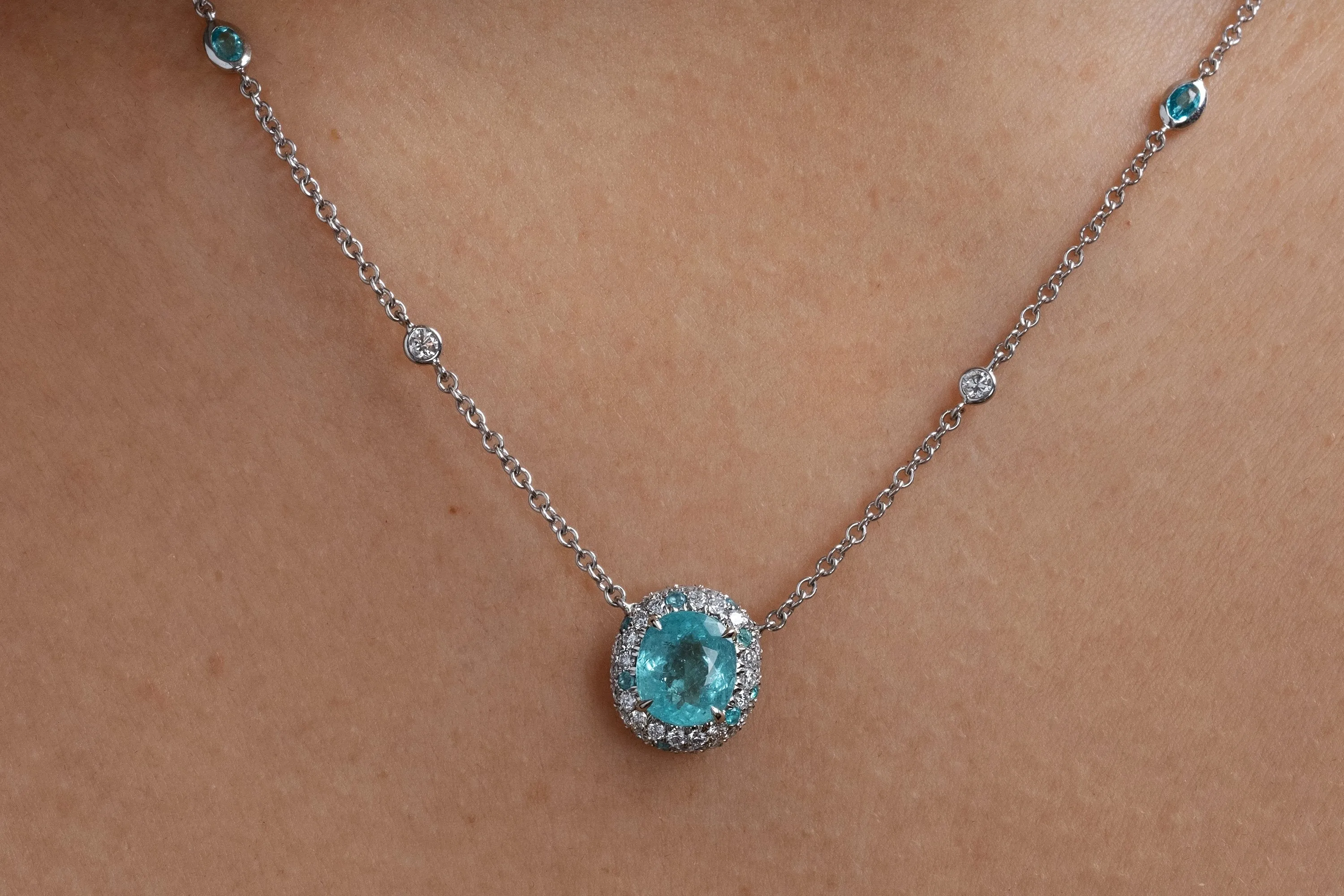 GIA 3.61ctw Natural Neon Blue PARAIBA Tourmaline & Diamond Platinum Necklace