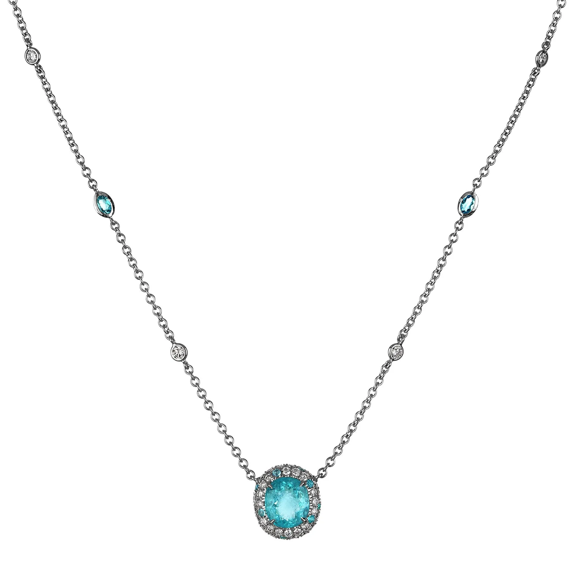 GIA 3.61ctw Natural Neon Blue PARAIBA Tourmaline & Diamond Platinum Necklace