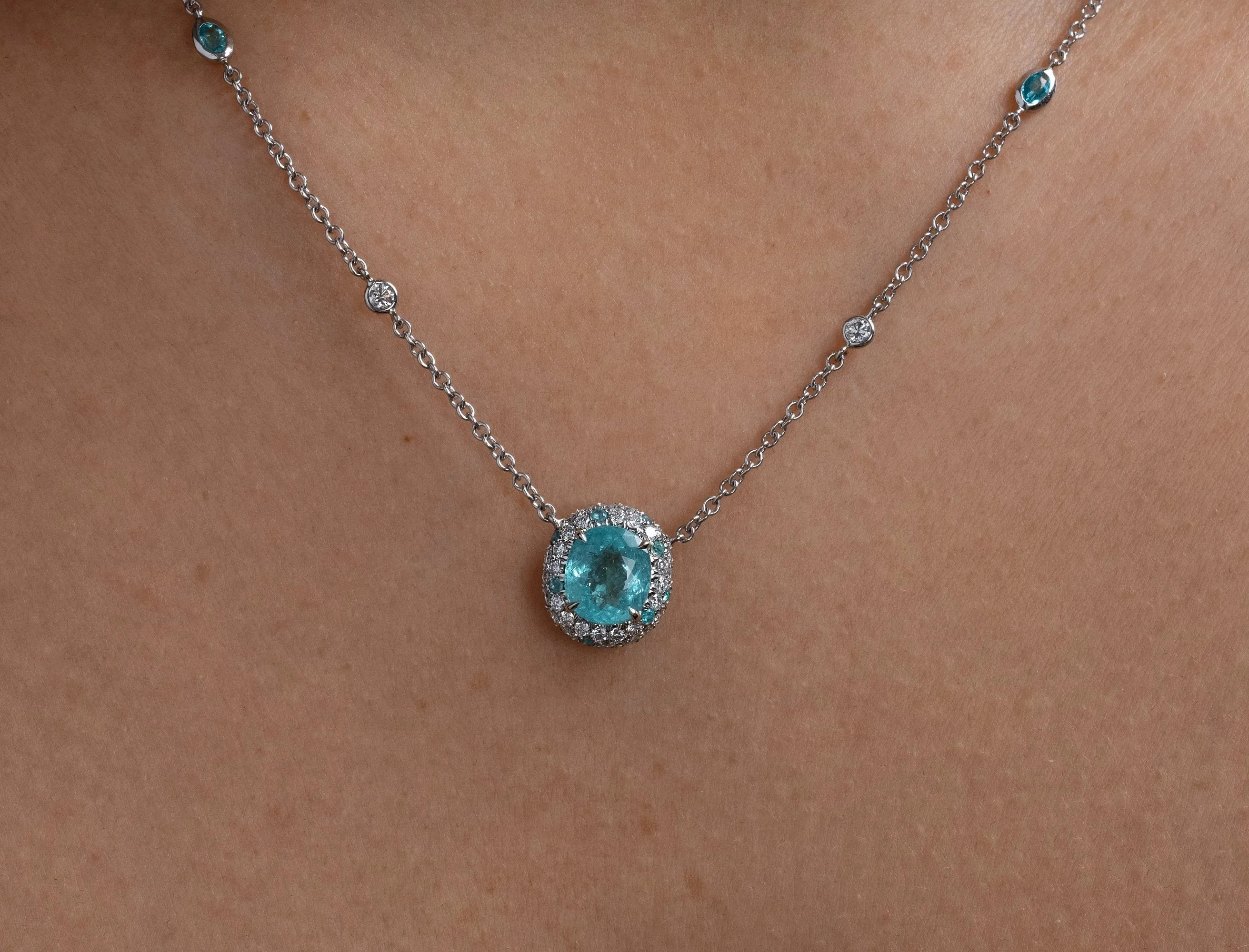 GIA 3.61ctw Natural Neon Blue PARAIBA Tourmaline & Diamond Platinum Necklace