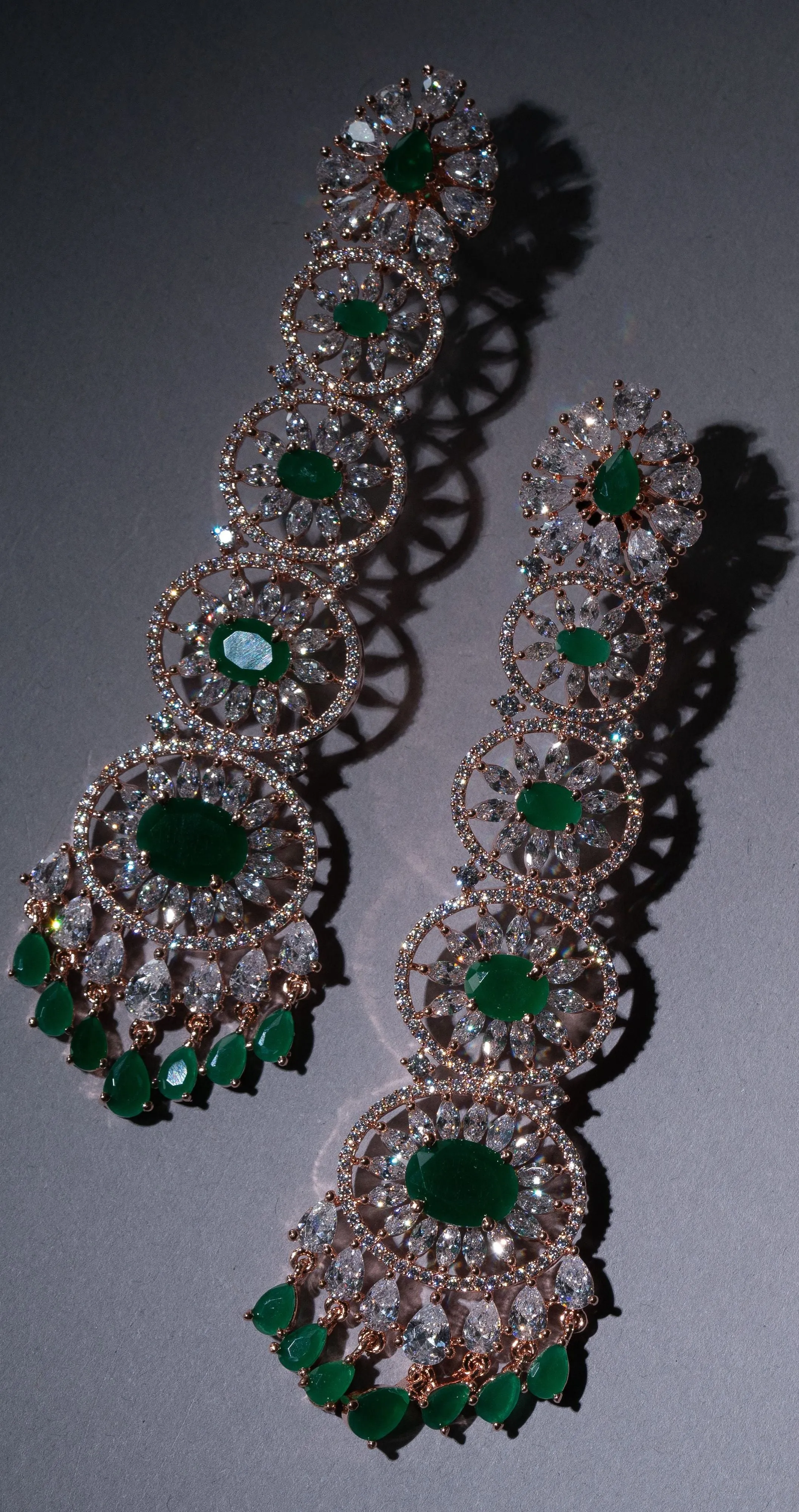 Gigi Emerald Green Long Statement Chandelier Earrings Rose Gold- Jaipur Rose Modern Luxury Designer Indian Jewelry