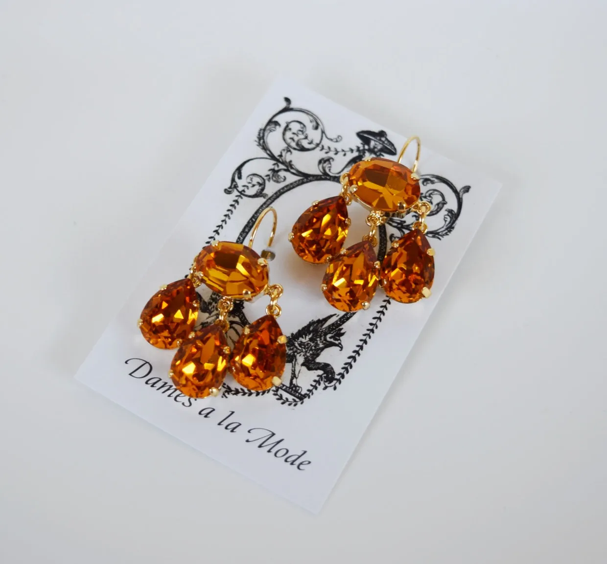 Girandole Earrings - Large Pear Swarovski Orange Topaz