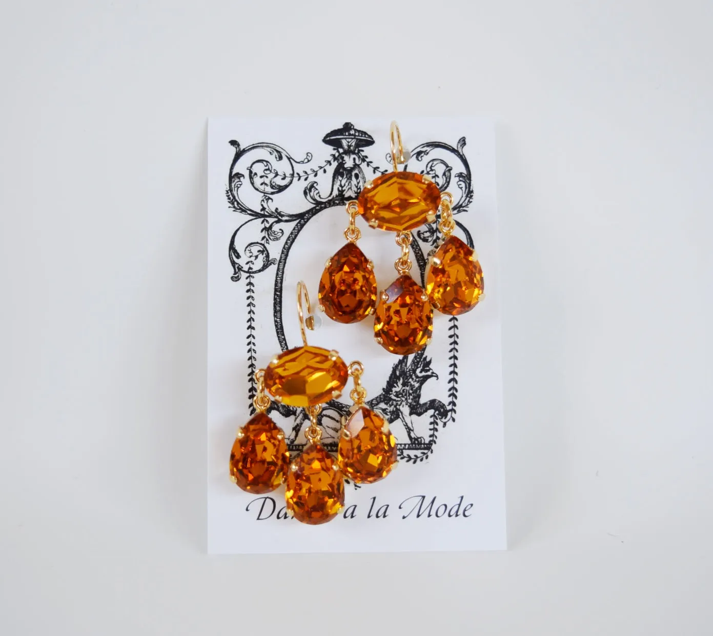 Girandole Earrings - Large Pear Swarovski Orange Topaz