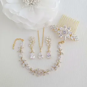 Gold Bridal Jewelry Set Earrings Necklace Bracelet Hair Comb-Daisy