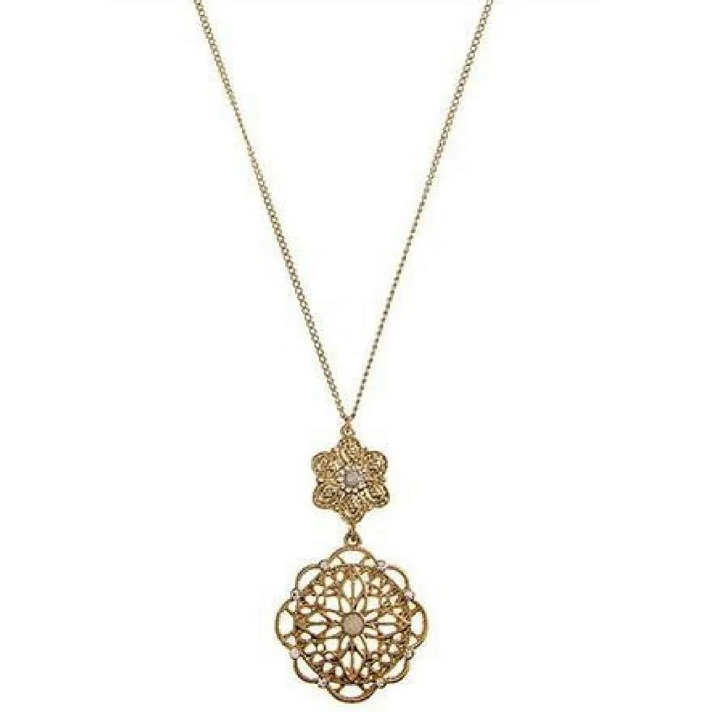 Gold Filigree Floral Crystal Pendant Necklace