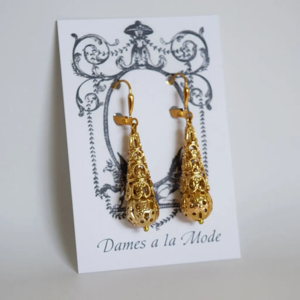 Gold Filigree Teardrop Earrings - Victorian Era