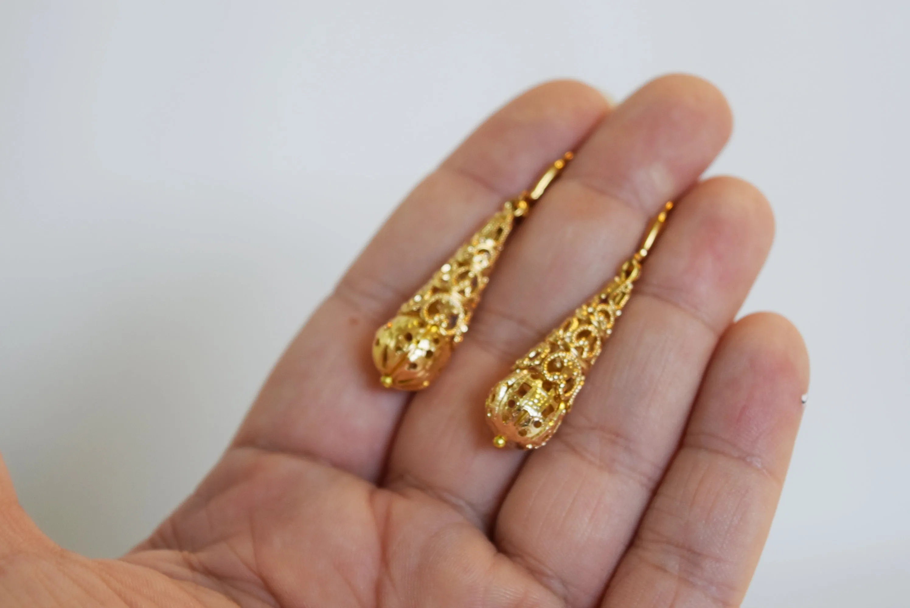 Gold Filigree Teardrop Earrings - Victorian Era