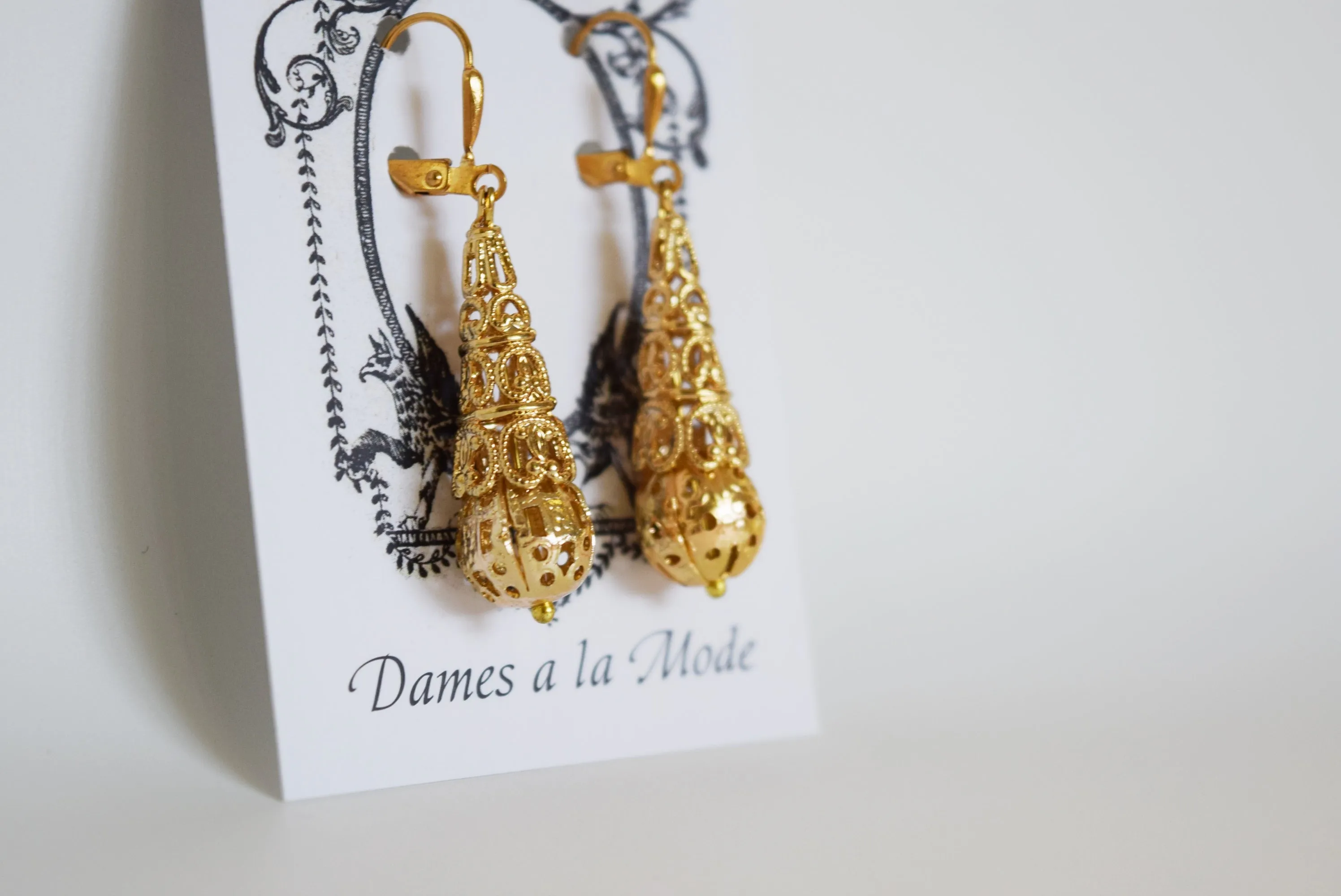 Gold Filigree Teardrop Earrings - Victorian Era