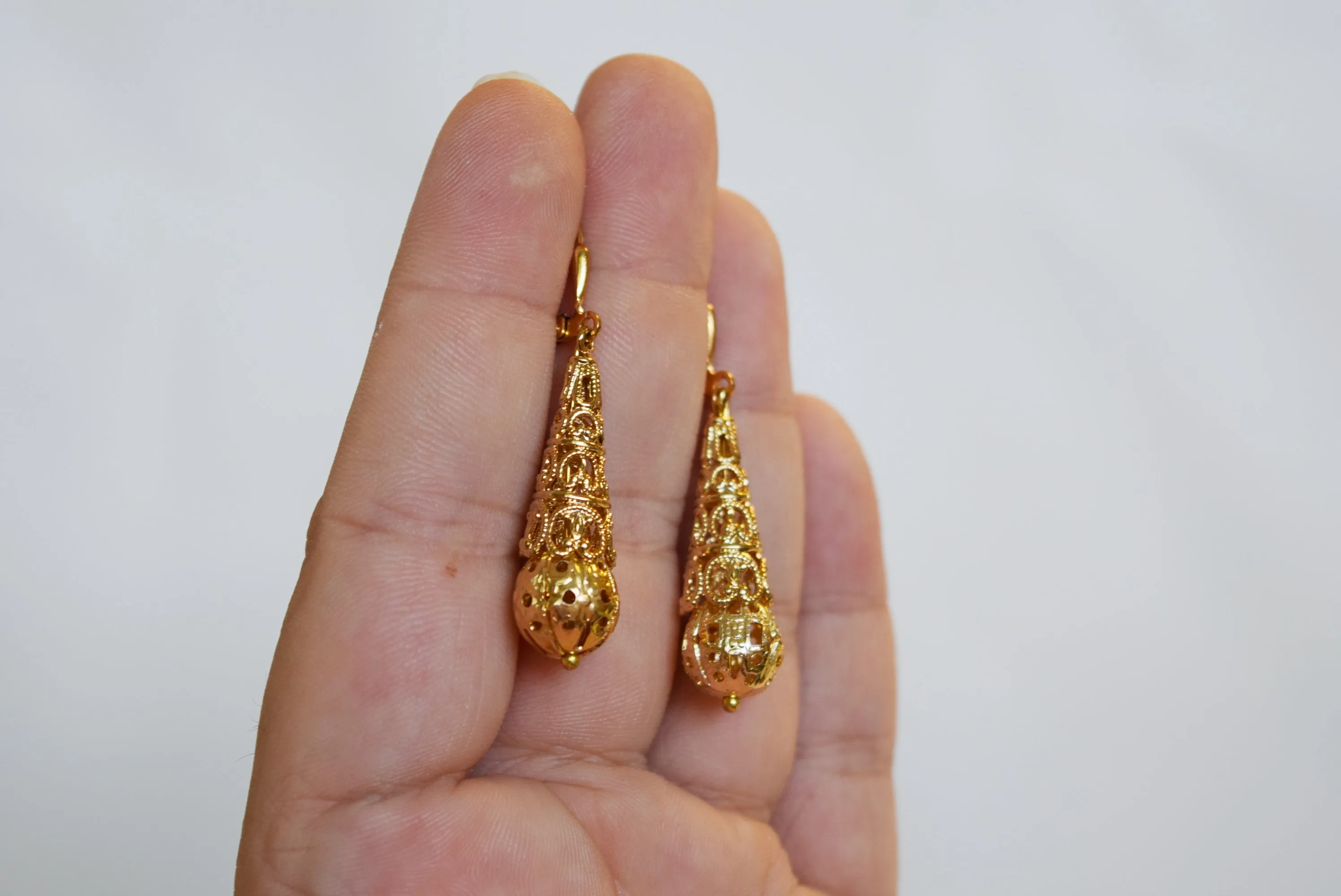 Gold Filigree Teardrop Earrings - Victorian Era