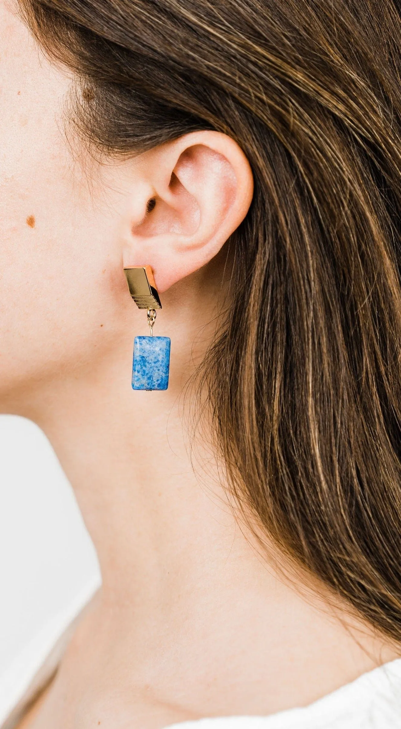 gold layered square   denim lapis earrings