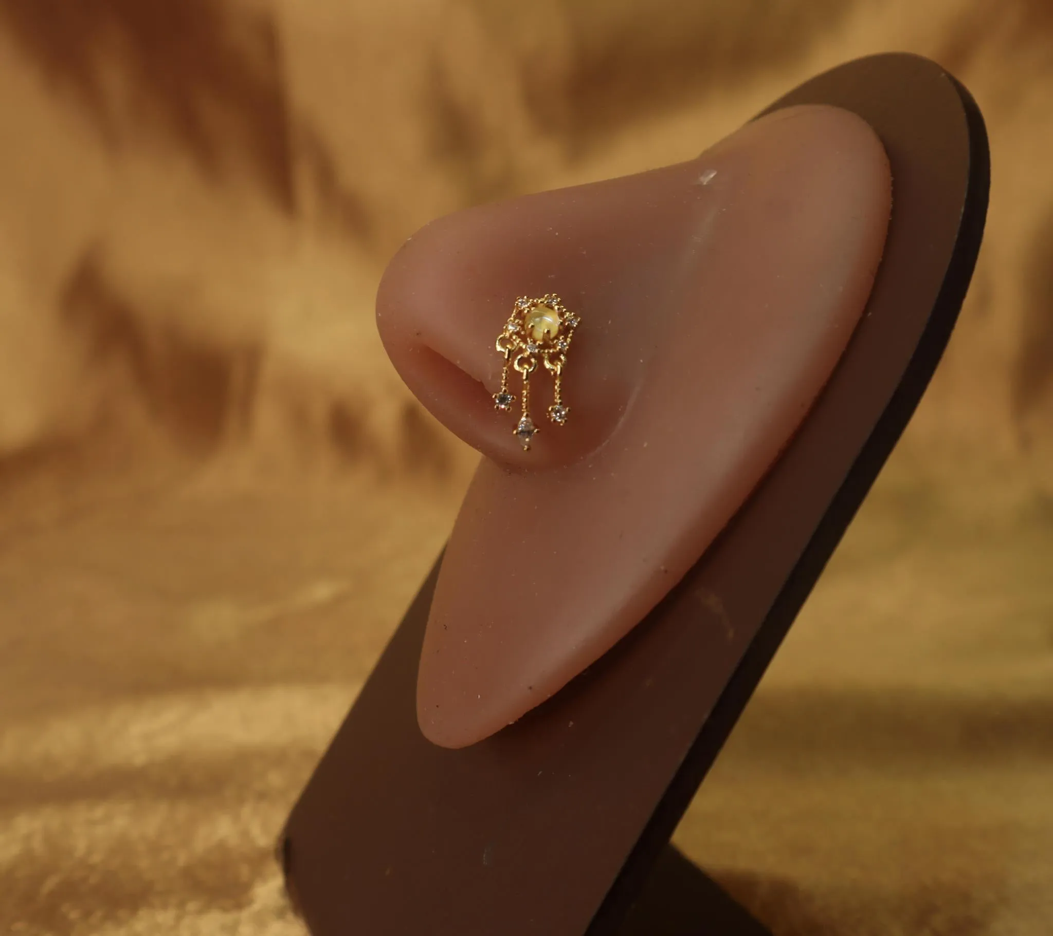 Gold Triple Dangling Gem Circle Nose Stud