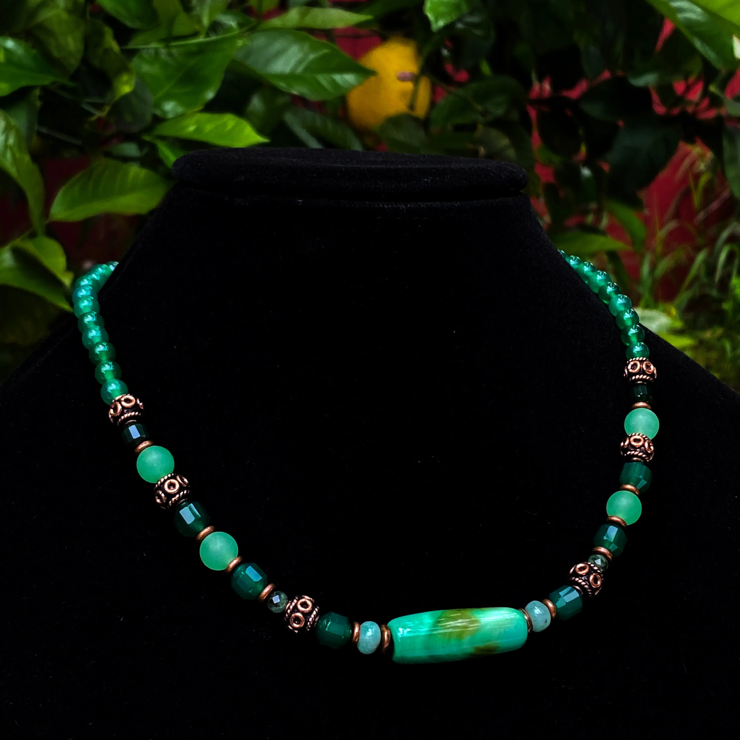 Green agate and Emerald gemstone Necklace with copper accents