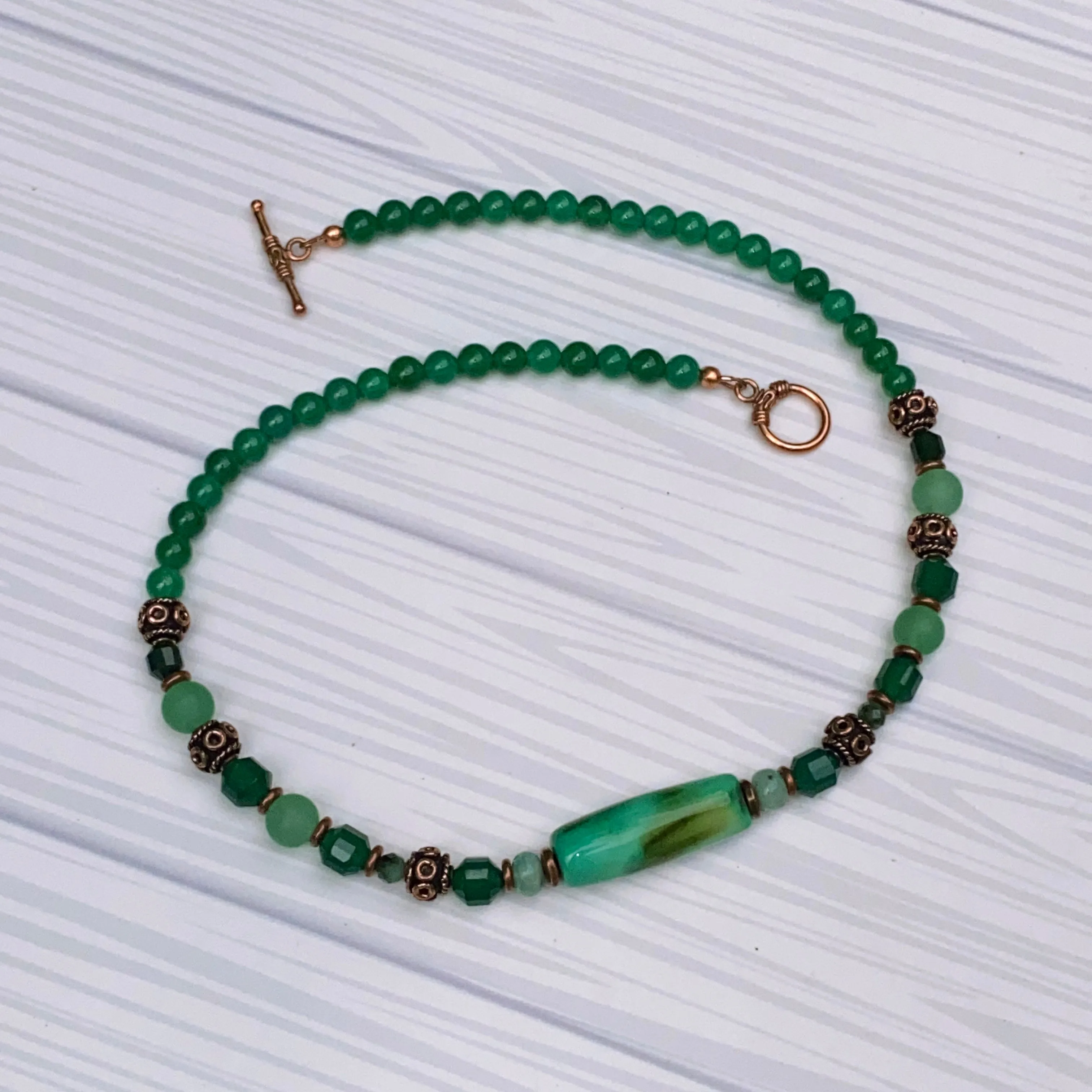 Green agate and Emerald gemstone Necklace with copper accents