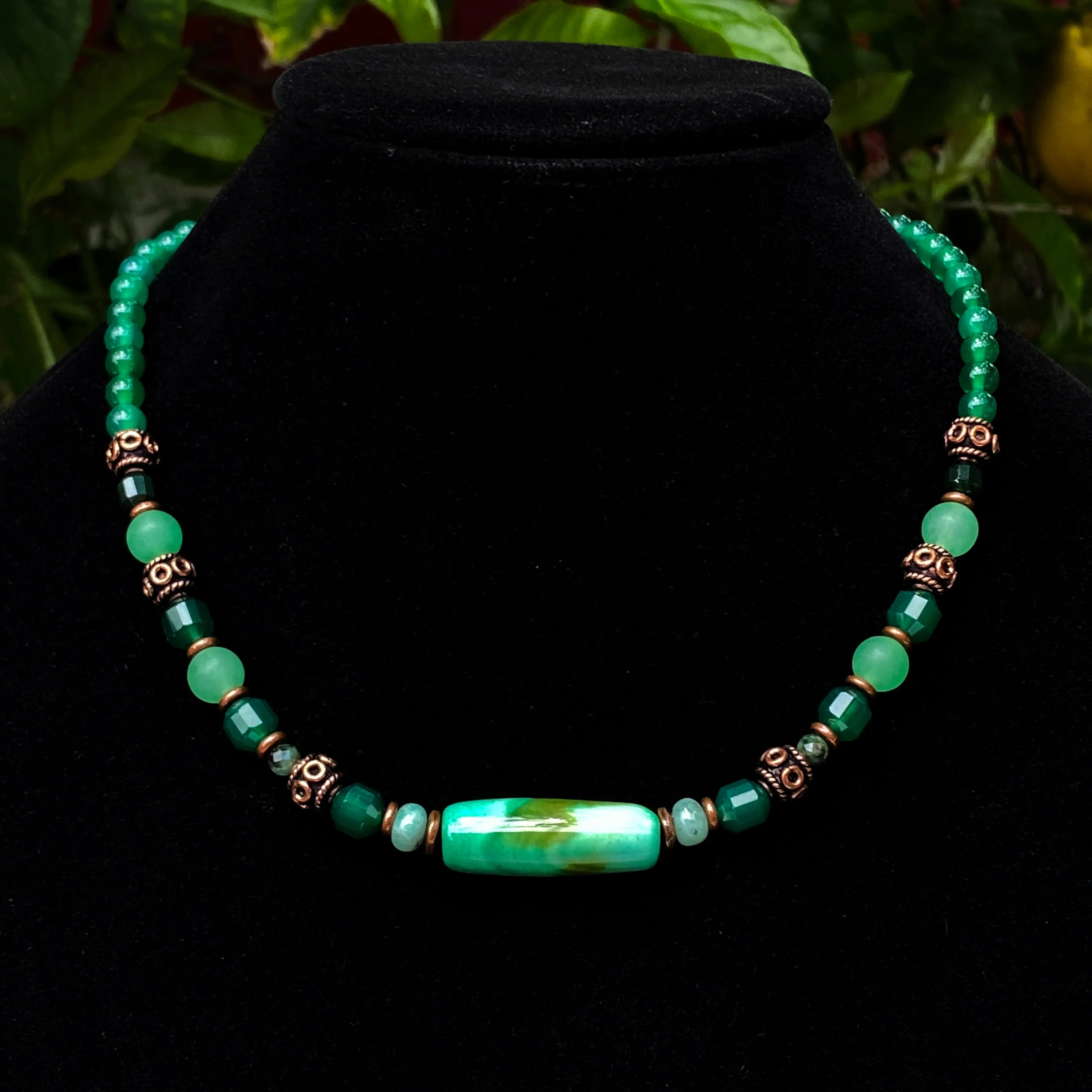 Green agate and Emerald gemstone Necklace with copper accents