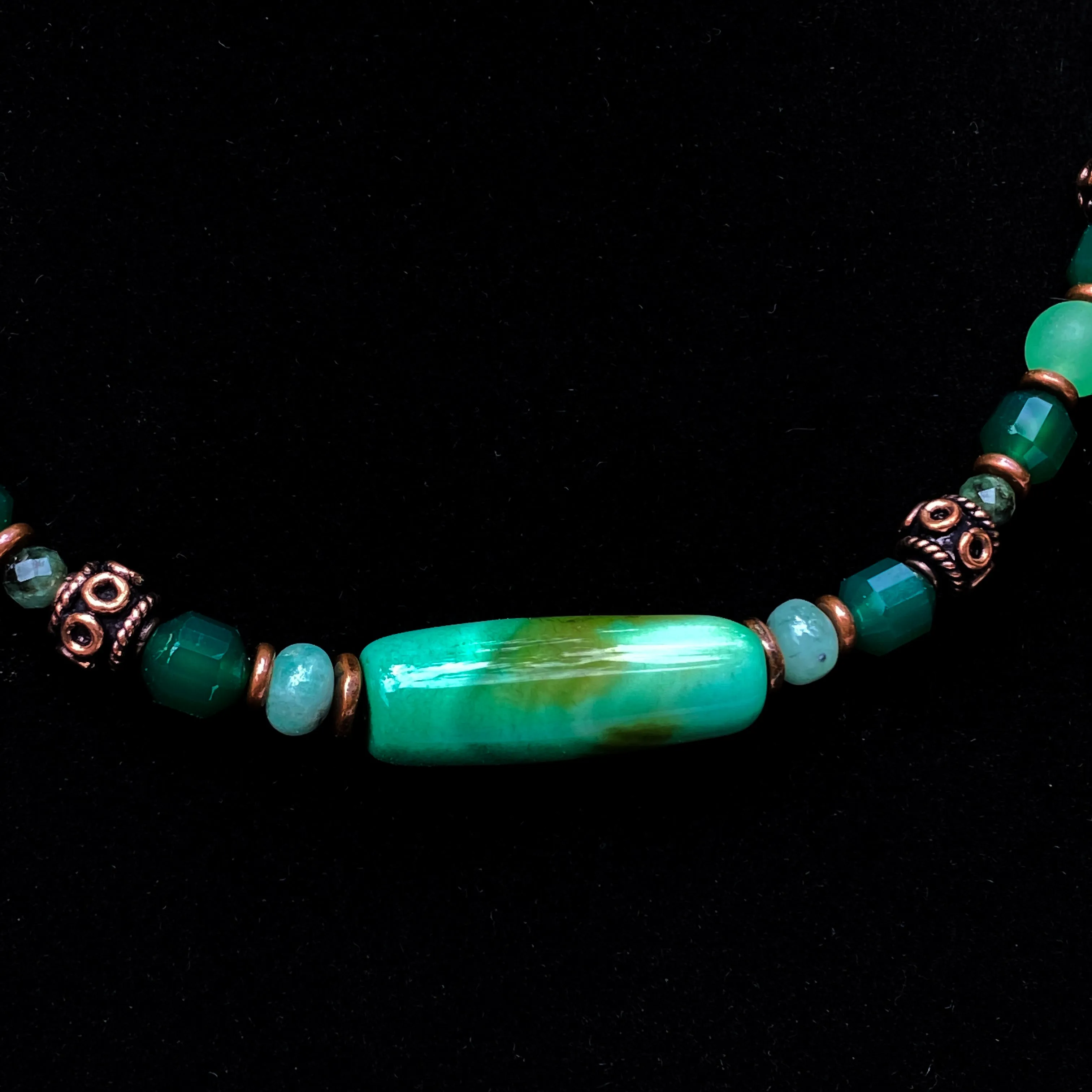 Green agate and Emerald gemstone Necklace with copper accents