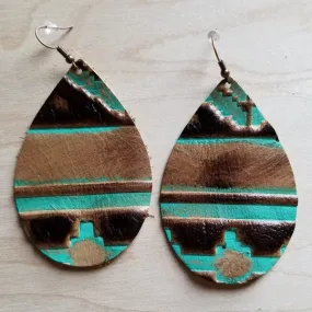 Green Navajo Leather Teardrop Earrings