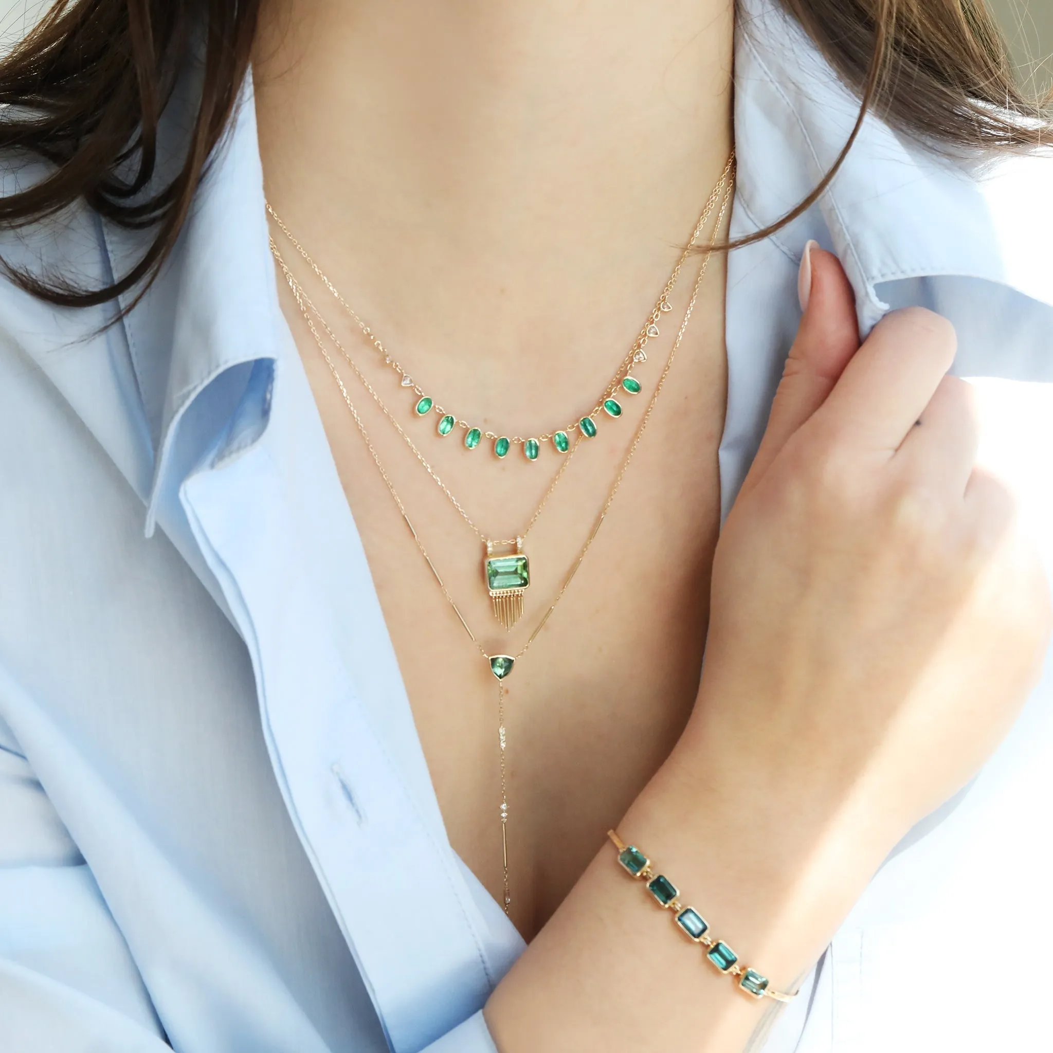 Green Tourmaline Lariat Bar Necklace with Diamond Details