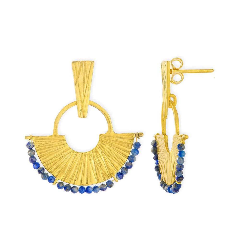 Handmade Gold Plated Silver Earrings Little Fans With Lapis Lazuli Stones