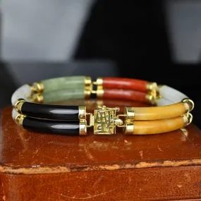 Heavy 14K Gold Two Row Multi Color Jade Bracelet