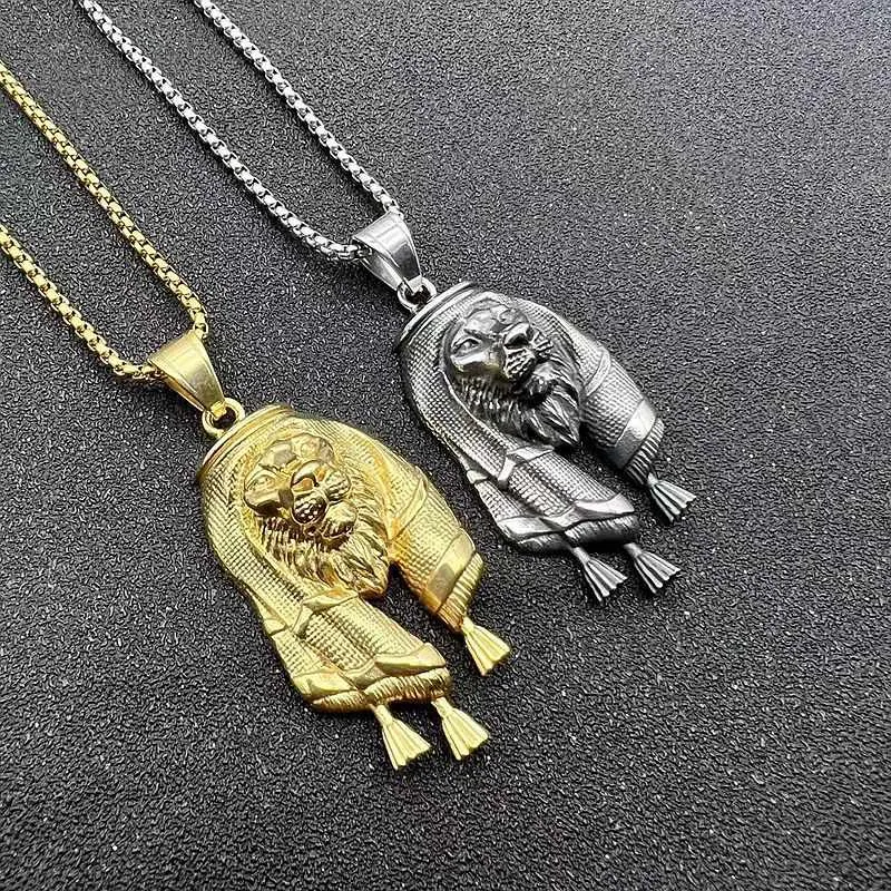 Hip Hop Titanium Steel Gilded Headband Lion Head Pendant