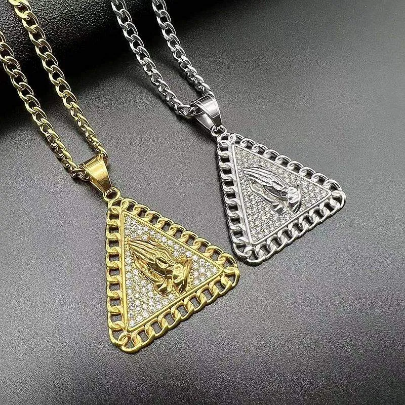 Hip Hop Triangle Prayer Buddha's Hand Zircon Pendant