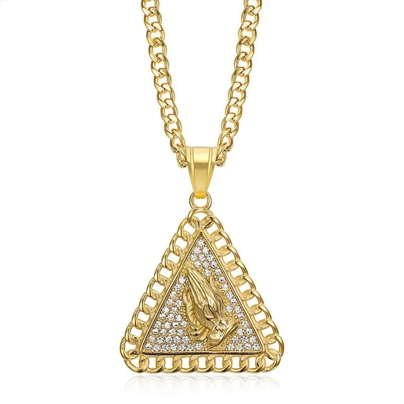 Hip Hop Triangle Prayer Buddha's Hand Zircon Pendant