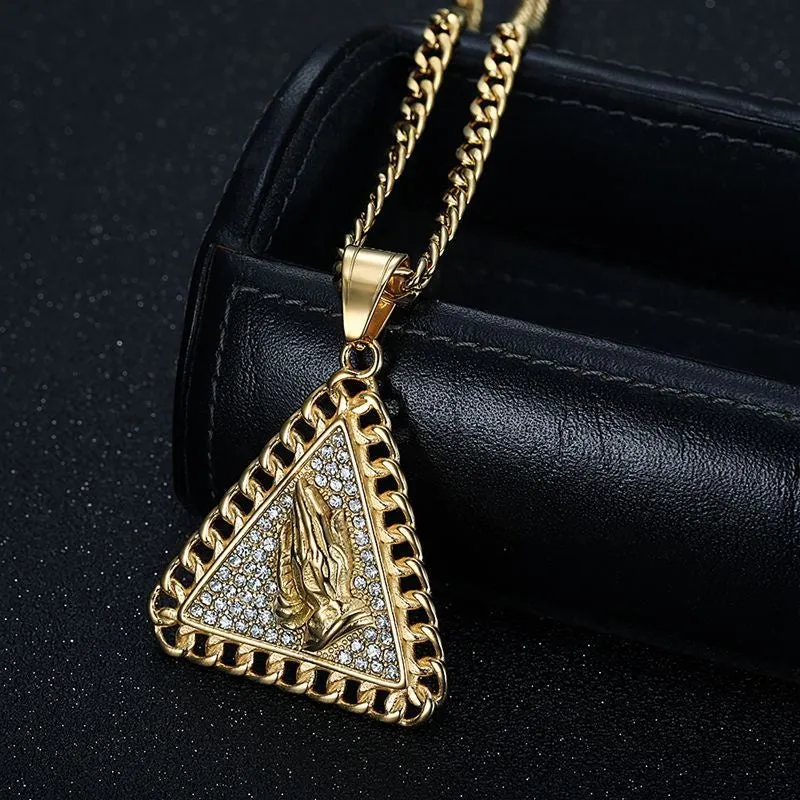 Hip Hop Triangle Prayer Buddha's Hand Zircon Pendant