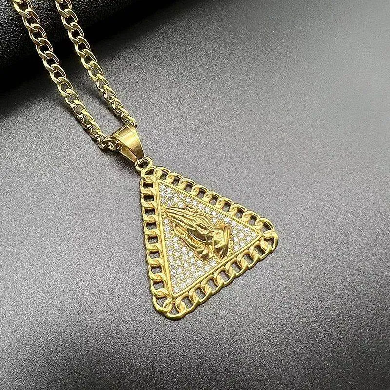 Hip Hop Triangle Prayer Buddha's Hand Zircon Pendant