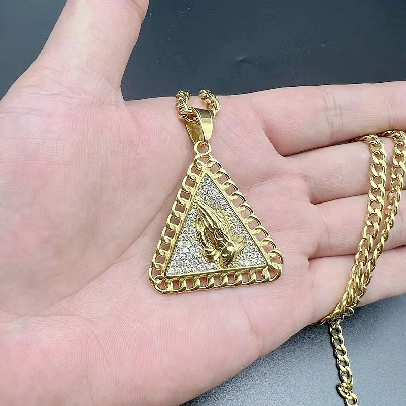 Hip Hop Triangle Prayer Buddha's Hand Zircon Pendant