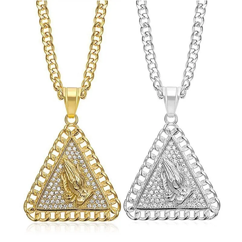 Hip Hop Triangle Prayer Buddha's Hand Zircon Pendant