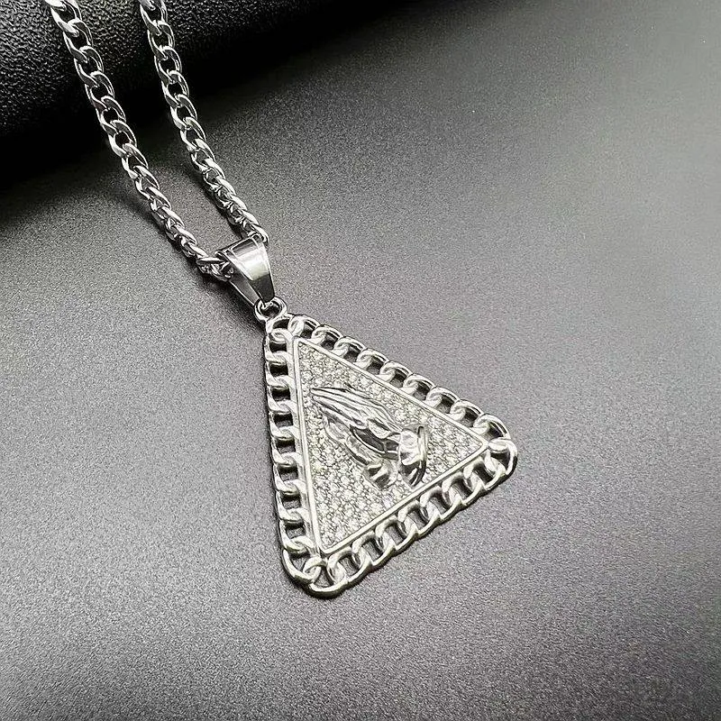 Hip Hop Triangle Prayer Buddha's Hand Zircon Pendant