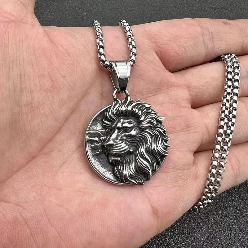 Hip Hop Vintage Titanium Steel Viking Lion Head Pendant