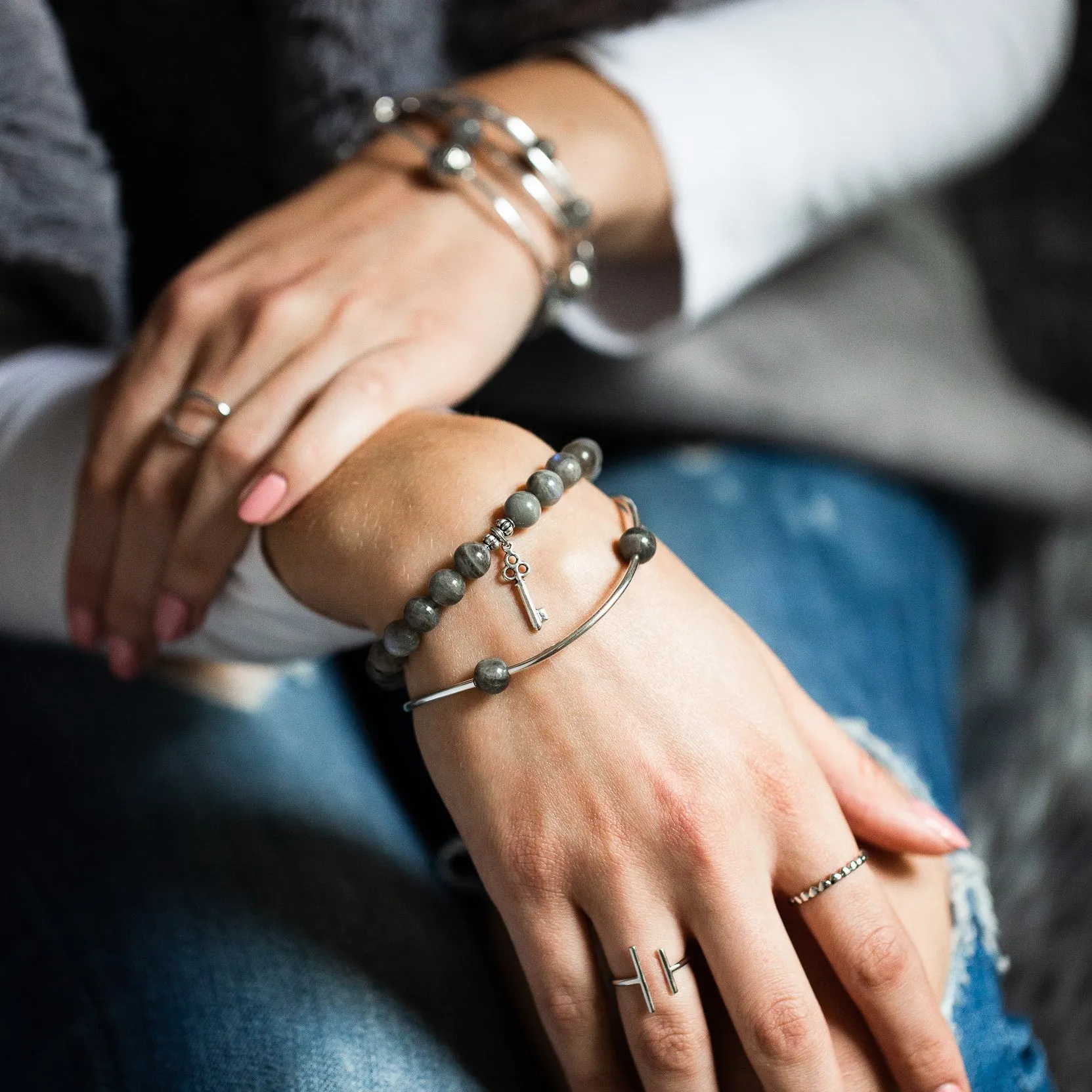 Hummingbird | Soft Bangle Charm Bracelet |  Hematite