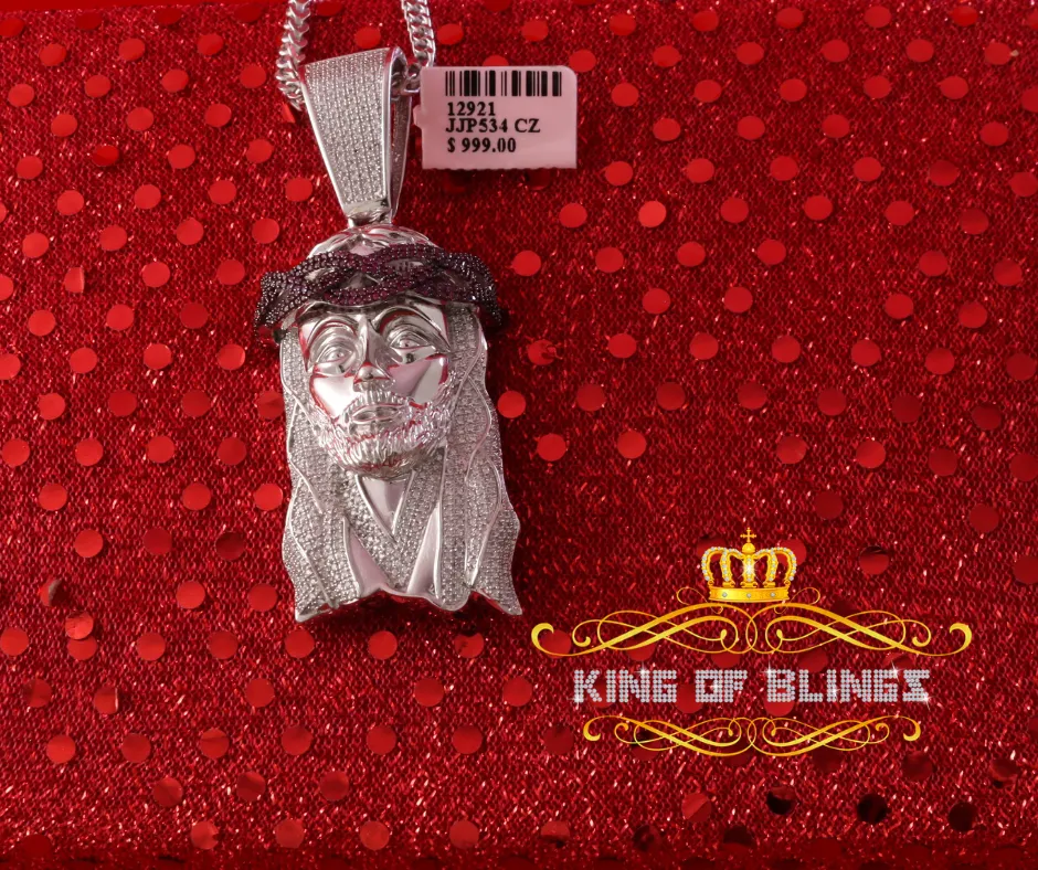 King Of Bling's Silver with Pink Jesus Head Shape Pendant 4.98ct Cubic Zirconia