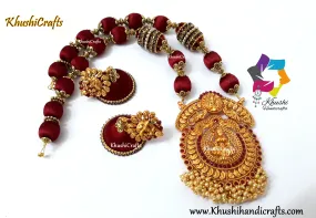 Maroon Silk Thread Jewelry Set with Grand Temple Lakshmi Pendant