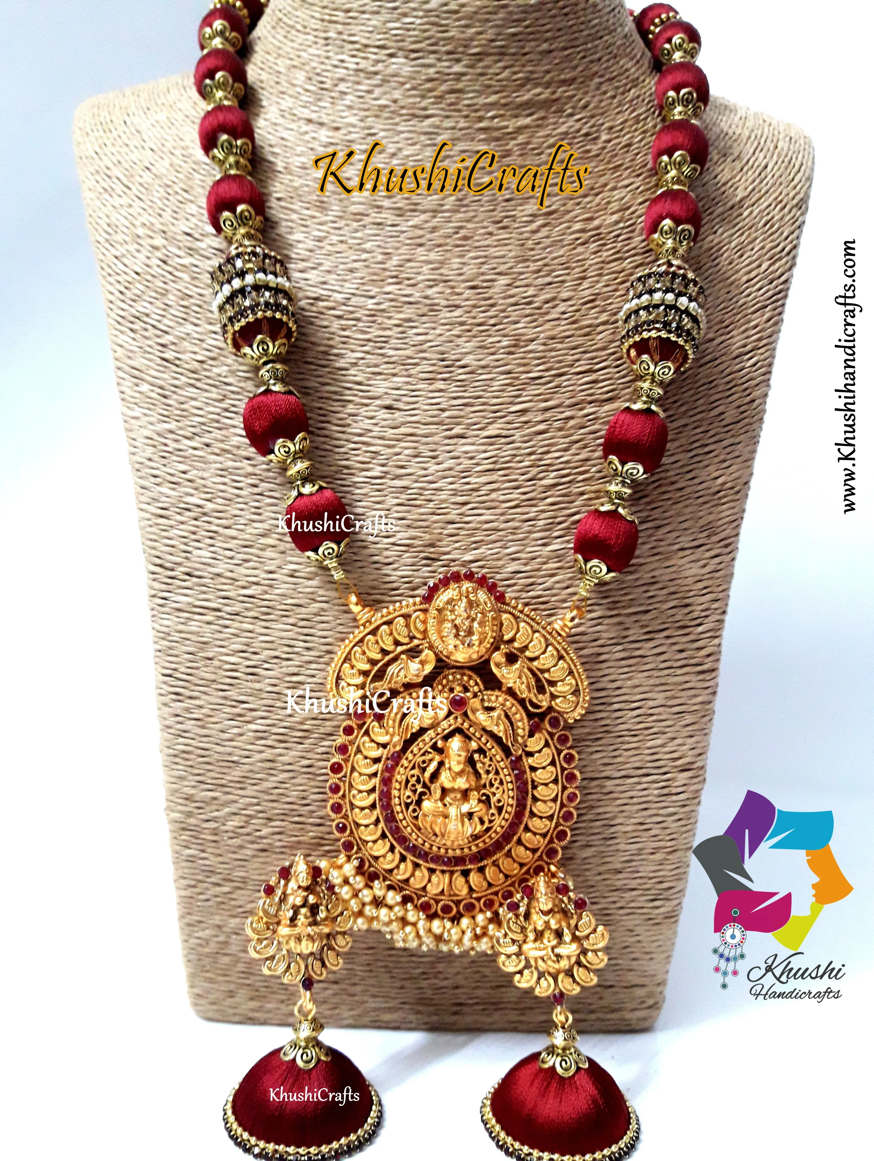 Maroon Silk Thread Jewelry Set with Grand Temple Lakshmi Pendant