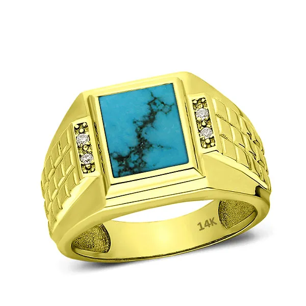 Mens Heavy 14K Gold Engagement Ring 0.08ct Natural 4 Diamonds and Blue Turquoise Stone