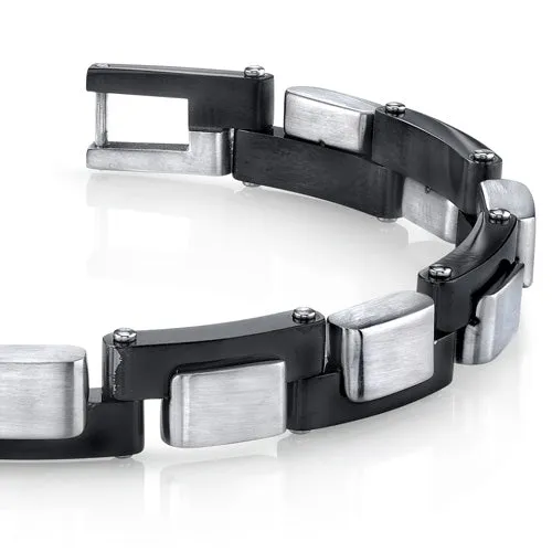 Men's Zig Zag Link Black and Brushed Stainless Steel Bracelet