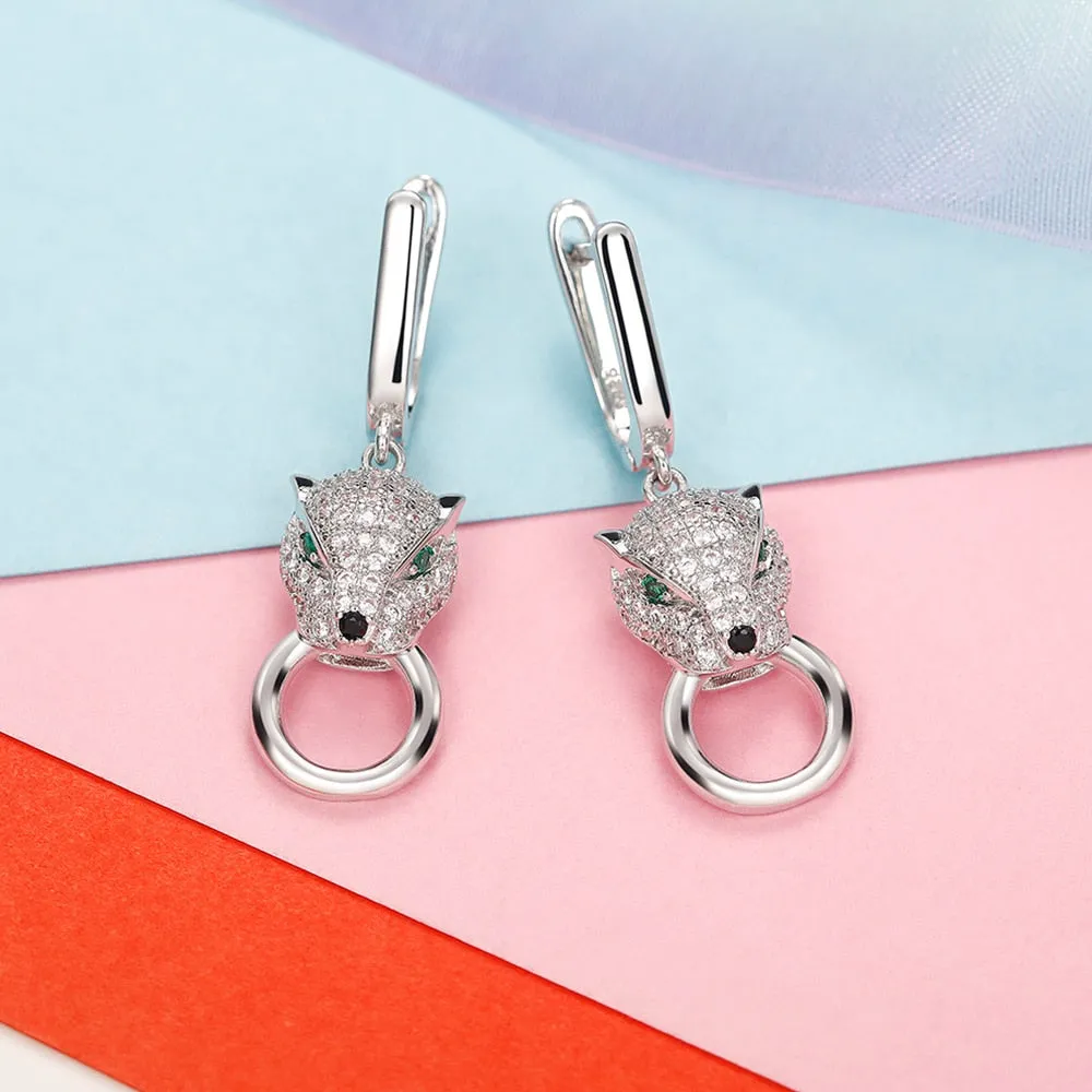 Micro-Pave Leopard Panther Silver Drop Earrings