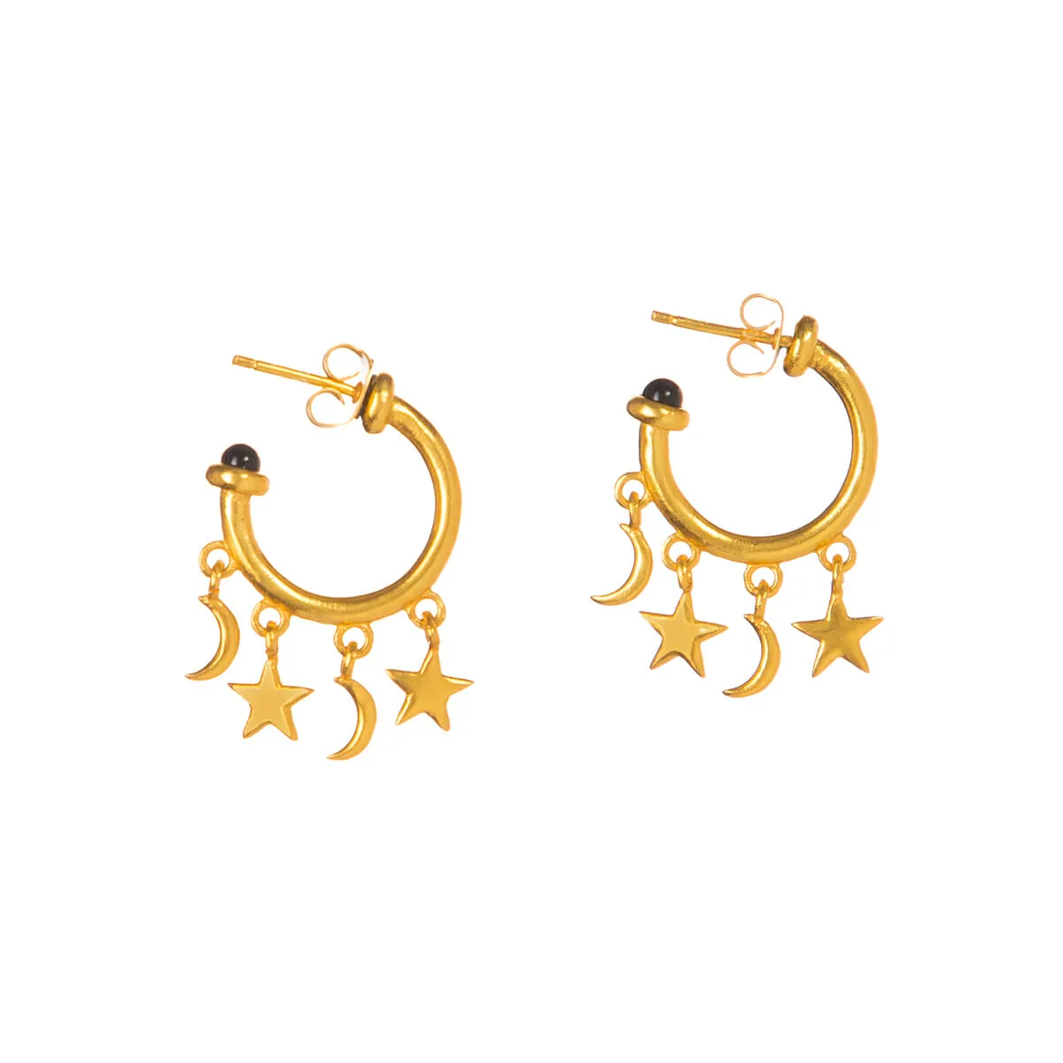 Moon Star Semi Hoop Black Onyx Drop Earrings